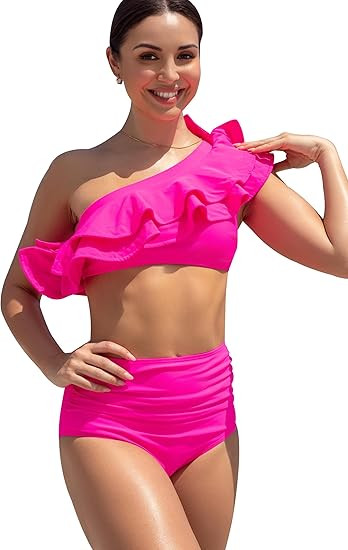 SPORLIKE Women High Waisted Swimsuit Flounce One Shoulder Bikini Padded Bathing Suit | Amazon (US)