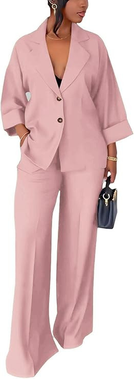 Casual Blazer Pants Suits for Women Dressy Oversized Long Sleeve Blazer and Wide Leg Pants 2 Piec... | Amazon (US)