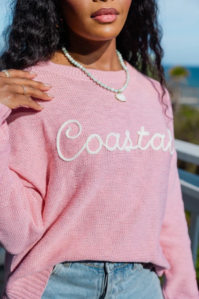 Off To The Beach Pink Coastal Script Sweater SALE | Pink Lily