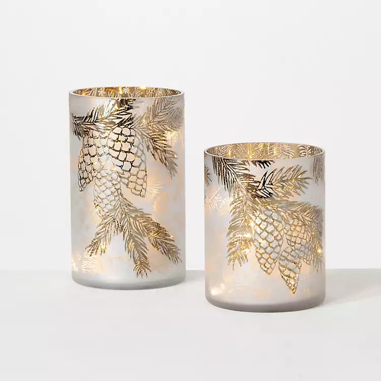 Frosty White Pinecone LED Pillar Holders, Set of 2 | Kirkland's Home