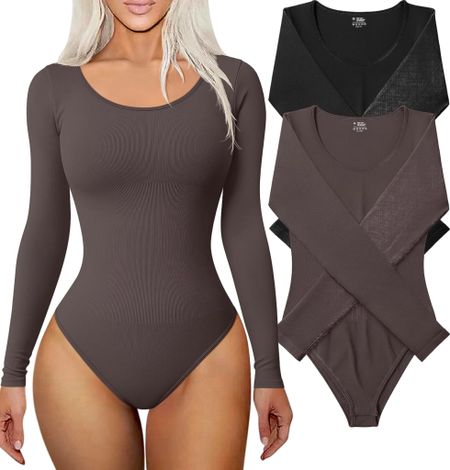 TOB Women's 2 Piece Bodysuits Sexy Ribbed Long Sleeve Round Neck Stretch Tops Bodysuits