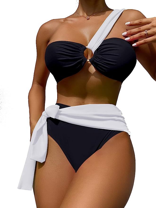 OYOANGLE Women's One Shoulder Bikini Set Colorblock High Waist Bathing Suit Tummy Control Swimsui... | Amazon (US)