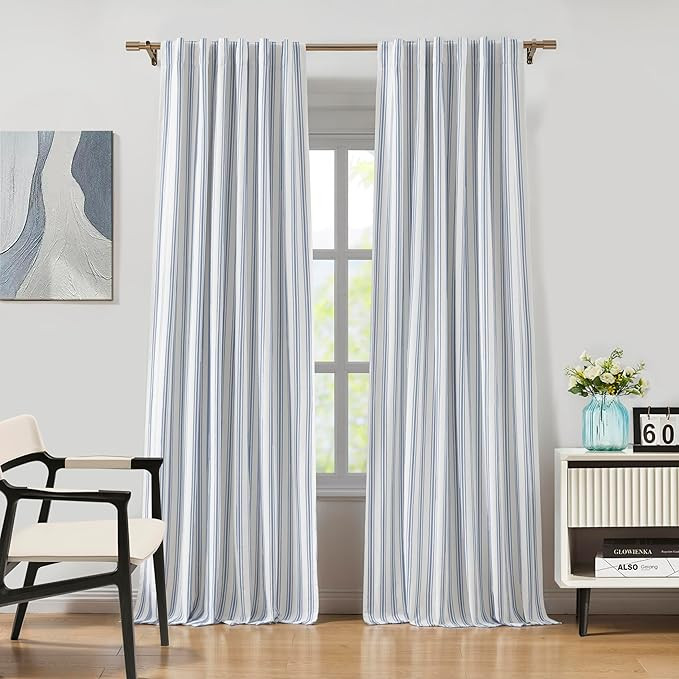 ZJDECOR Blue Striped Blackout Curtains 84 Inches Length,Ticking Stripe on White Cotton Blended Li... | Amazon (US)