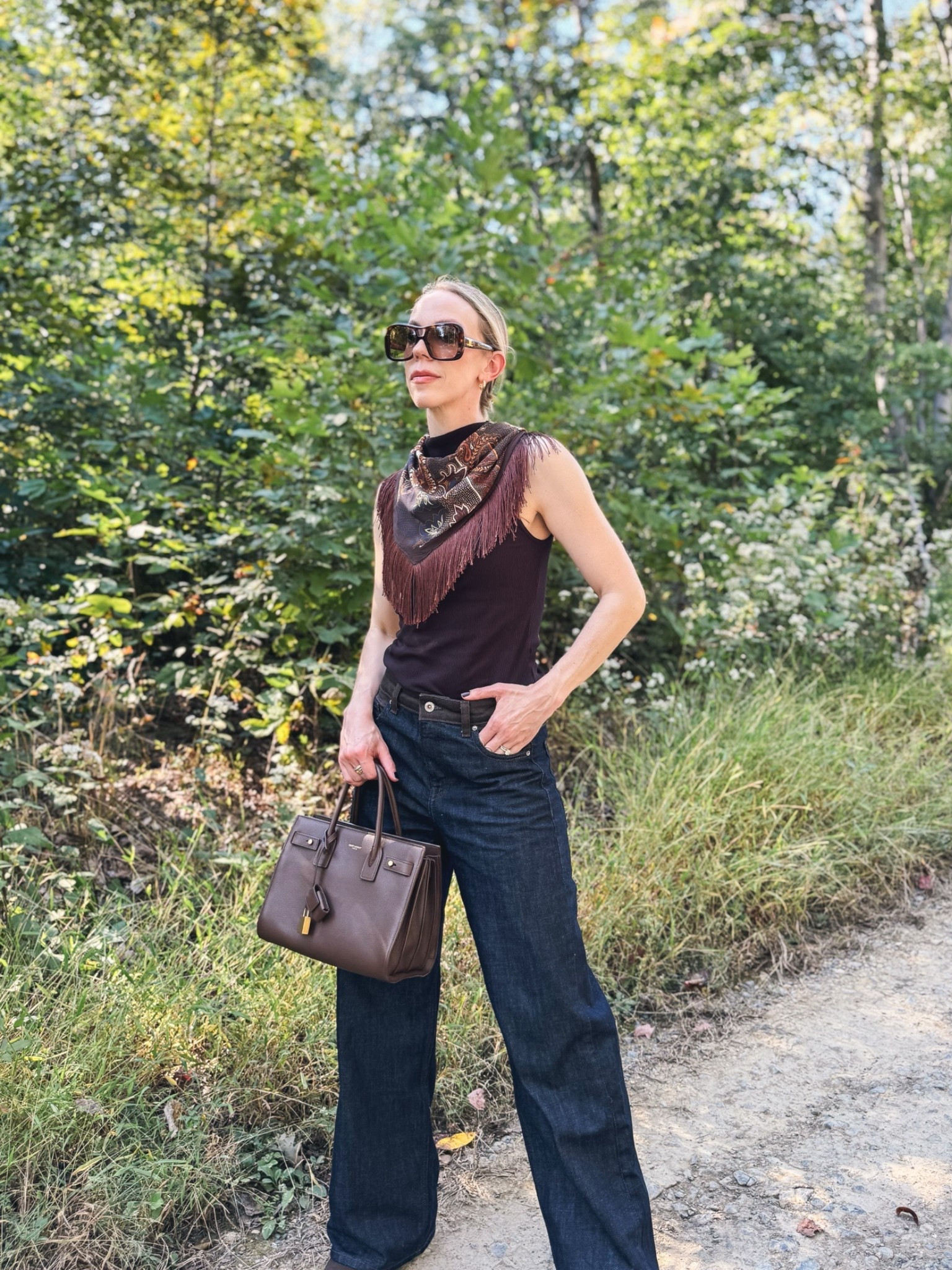 Western fall outfit, @Zara paisley fringe scarf, mixed media denim, dark wash jeans

#LTKSeasonal #LTKOver40