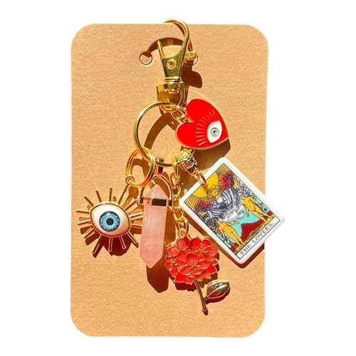 LOVE & PROTECTION, THE LOVERS Tarot Card & The Eye Charm, Women's Handbag Charms, Natural Rose Quartz Crystal Keychains, Chunky Purse Charms, Wife Gift, Anniversary, Christmas Gifts | Amazon (US)