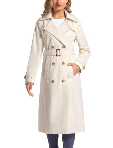 poonyfesh Women's Waterproof Long Trench Coat Double Breasted Length Classic Lapel Belt Coat With Removable Hood Beige X-Small | Amazon (US)