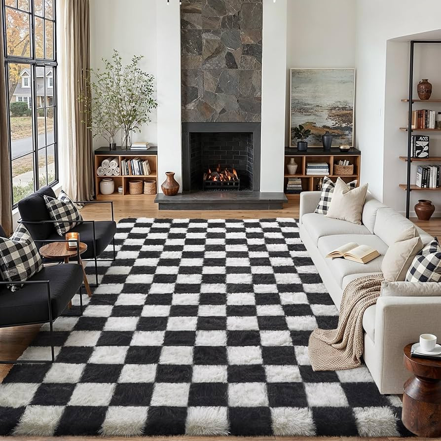 Checkered Rug 8x10 for Living Room, Black and White Modern Shag Rugs Super Soft Washable Indoor O... | Amazon (US)