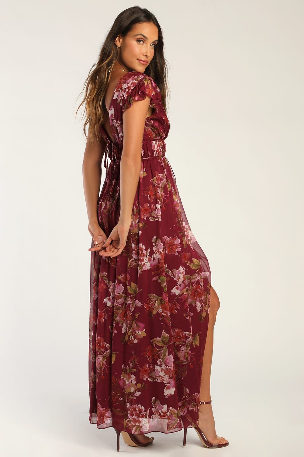 I'm All Yours Burgundy Floral Print Ruffled Maxi Dress | Lulus (US)