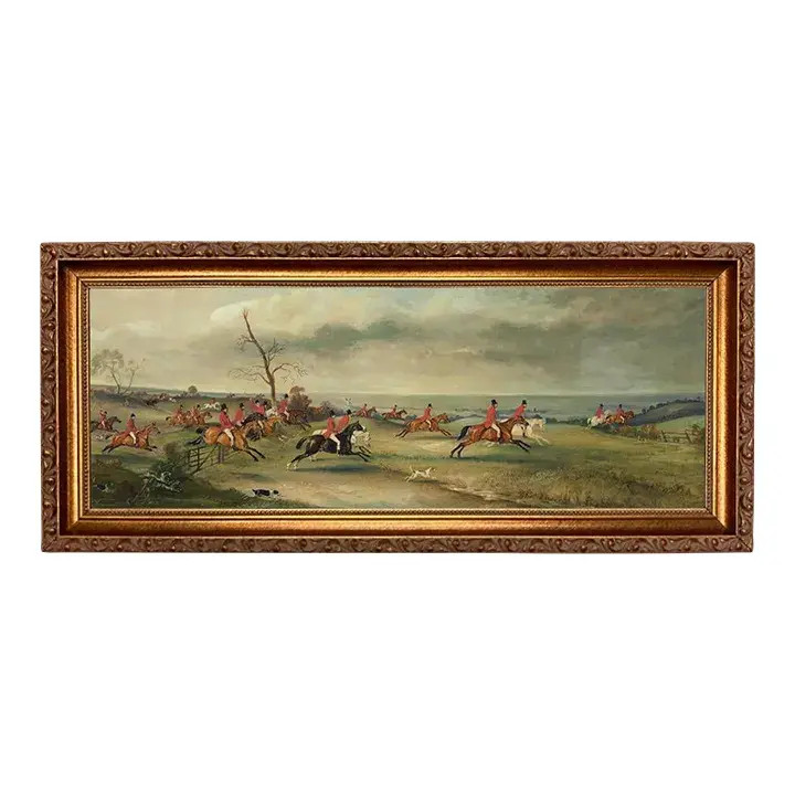 Fox Hunt Panoramic Landscape Scene Framed Oil Painting Print on Canvas, Gold Frame | Chairish