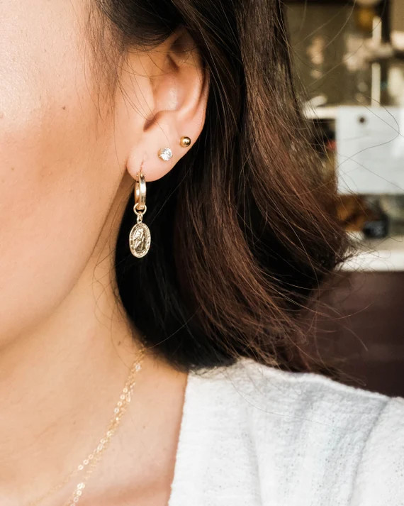 Gold St Christopher Earrings / Gold Filled Saint Christopher Earrings / Sterling Religious Hoops ... | Etsy (US)