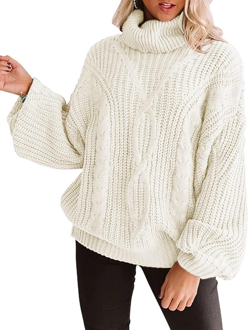Women's 2023 Fall Long Sleeve Turtleneck Chunky Knit Loose Oversized Sweater Pullover Jumper Tops | Amazon (US)