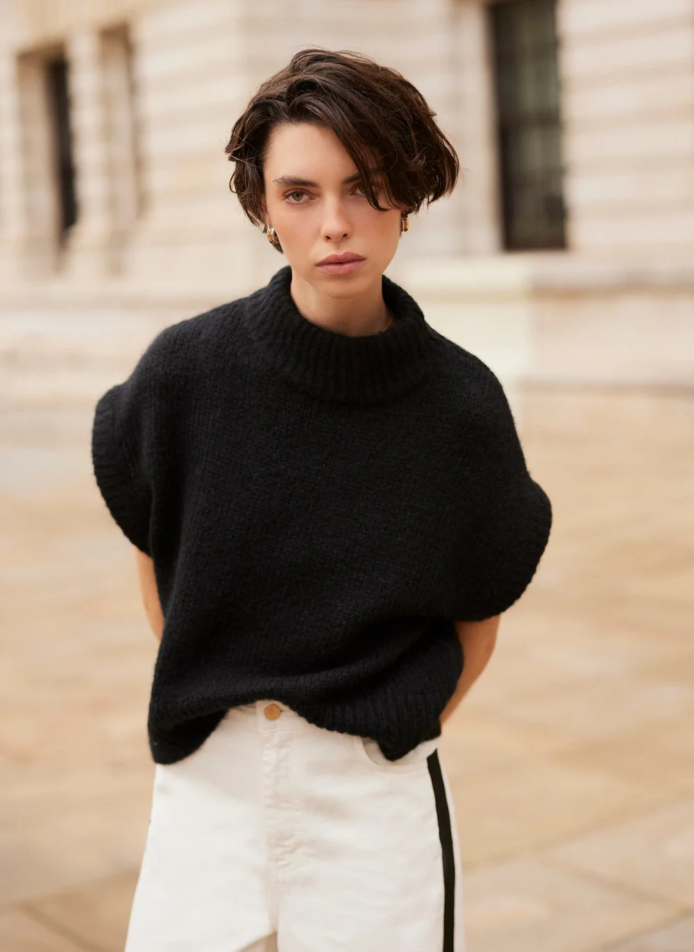 Black Fluff Stand Neck Tee | Mint Velvet