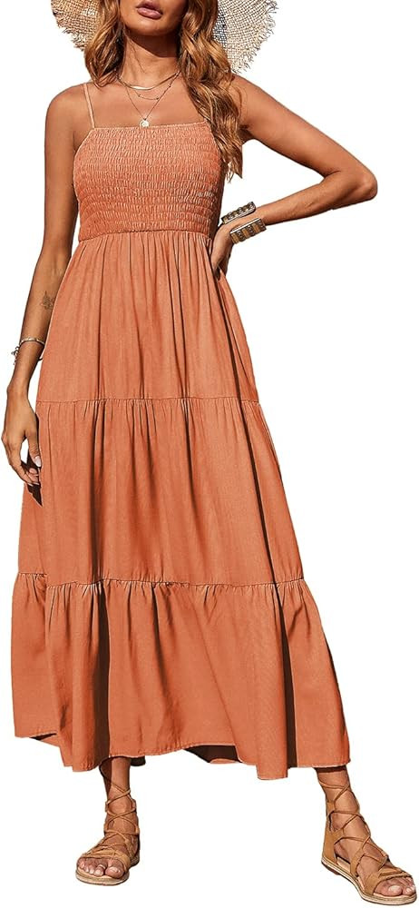 PRETTYGARDEN Women's Summer Maxi Dress Casual Boho Sleeveless Spaghetti Strap Smocked Tiered Long... | Amazon (US)