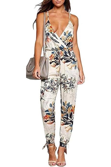 Sexy Jumpsuit for Women Spaghetti Strap Floral Print Backless Halter Sleeveless Summer Beach Jumpsui | Amazon (US)