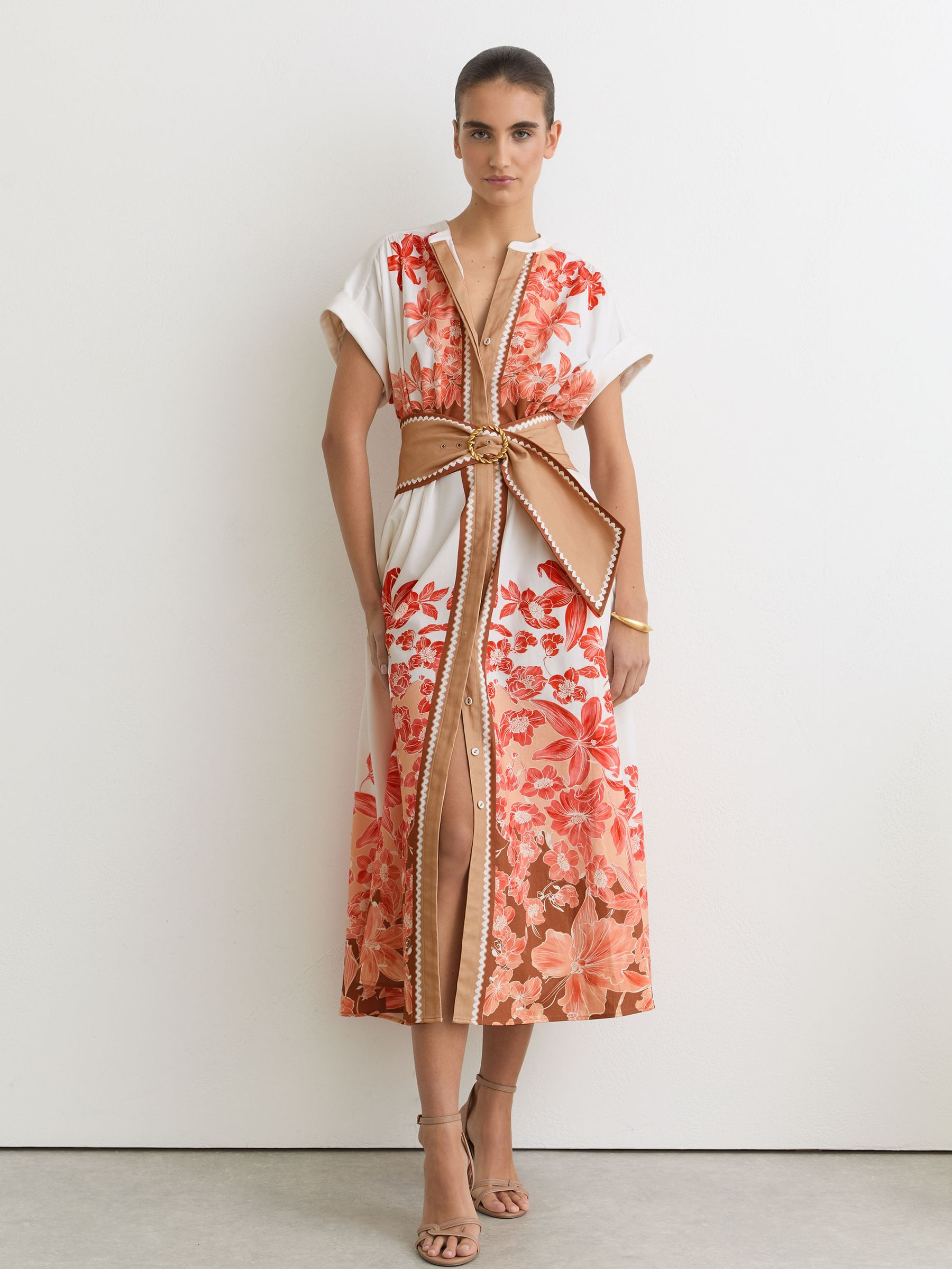 Reiss Cotton Floral Belted Midi Dress with Stretch in Pink/Ivory - REISS | Reiss UK