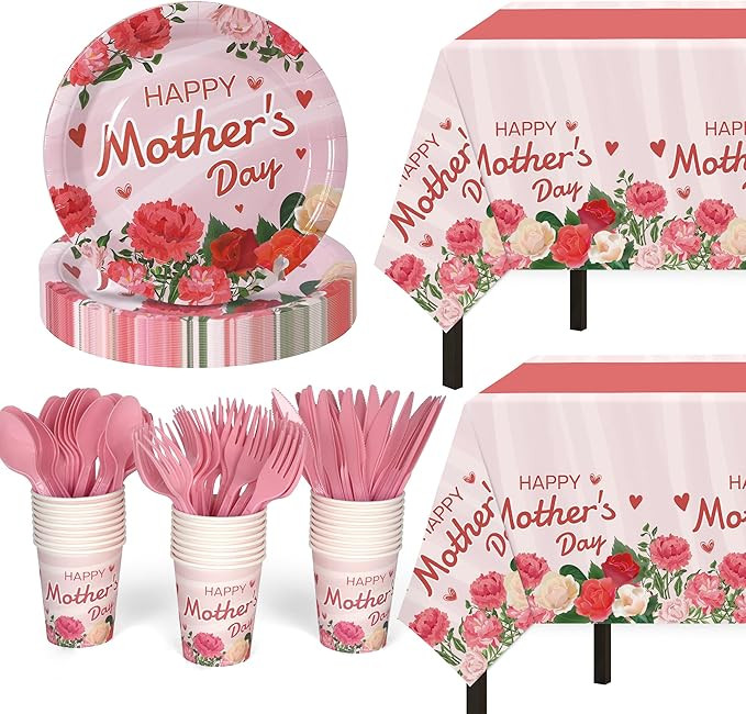 Mothers Day Decorations for Party, 132 Pcs Disposable Mothers Day Plates Tablecloth Cups Knives S... | Amazon (US)