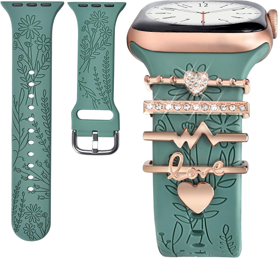 Watch Band Charms (Band Included), Compatible with Apple Watch Band 38mm 40mm 41mm, Floral Engrav... | Amazon (US)