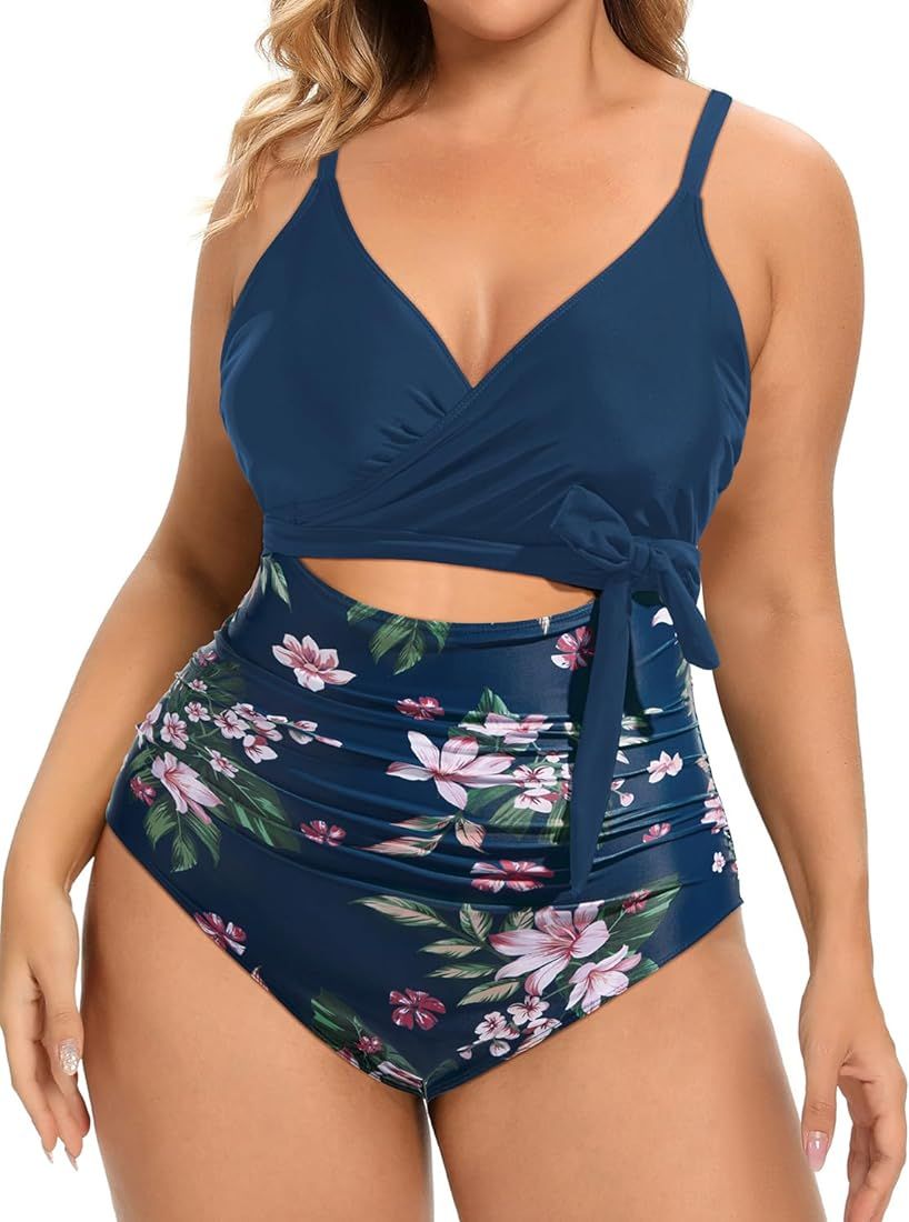 Daci Women Plus Size One Piece Swimsuits High Waisted Tummy Control Bathing Suits Cutout Lace up ... | Amazon (US)