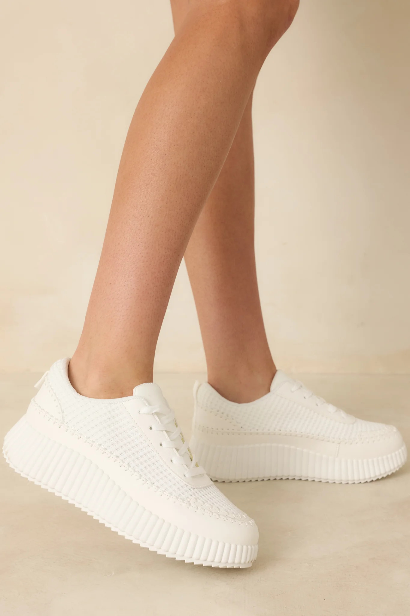 Step Into It White Textured Knit Platform Sneakers | Red Dress