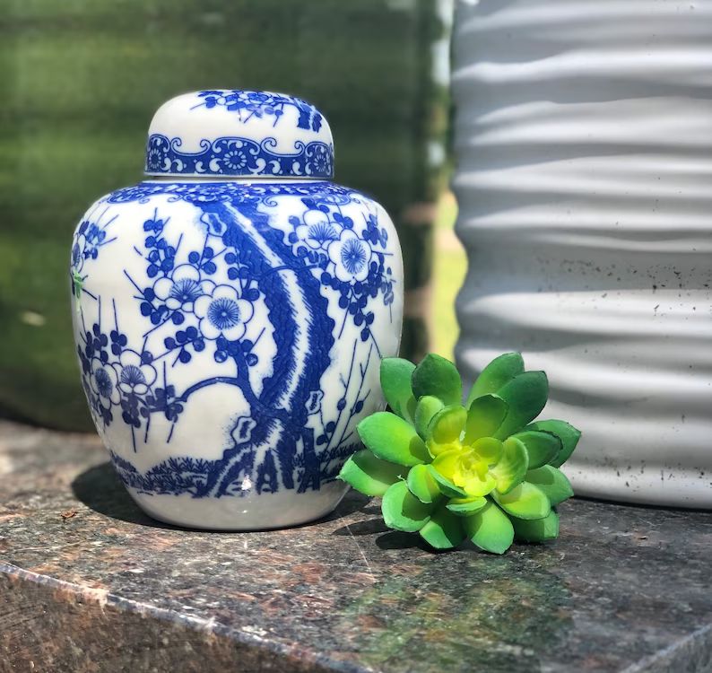 Vintage White/blue Flowered Ginger Jar  Small - Etsy | Etsy (US)