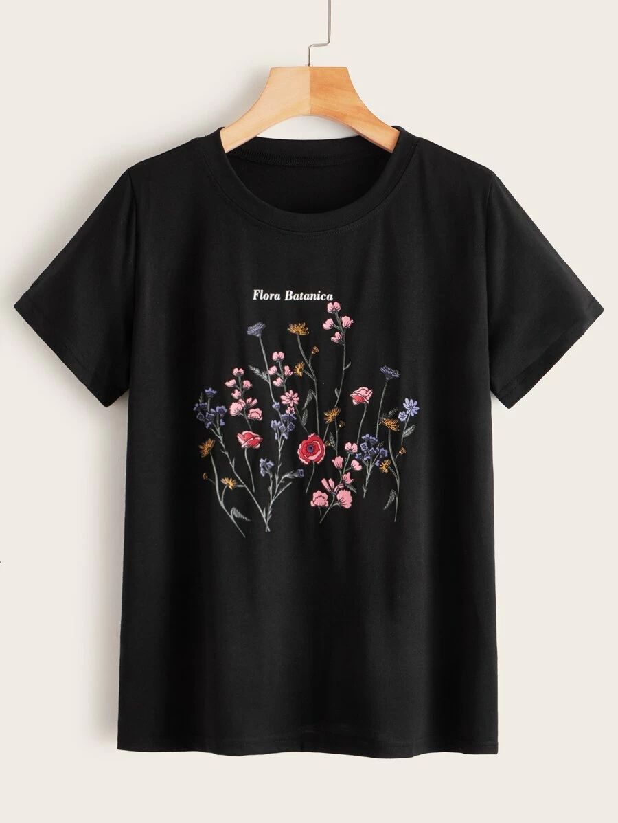 Floral And Letter Print Tee | SHEIN