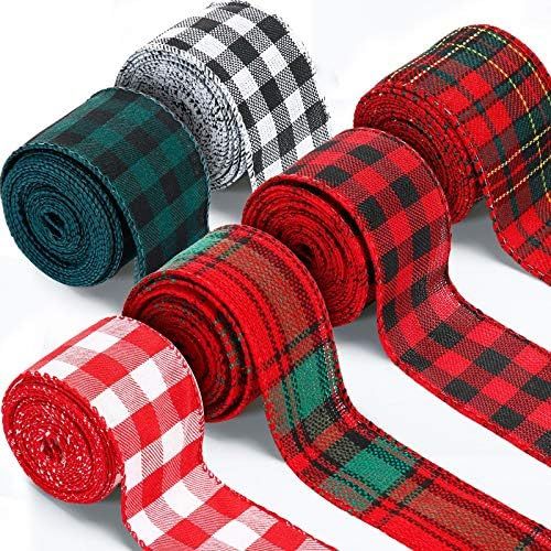 6 Rolls Christmas Ribbon Christmas Plaid Ribbon Christmas Wired Edge Ribbons Christmas Burlap Cra... | Amazon (US)