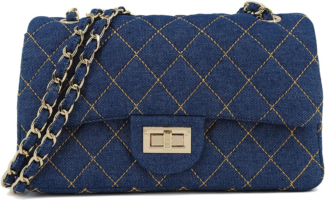 Quilted Denim Crossbody Bags for Women, Chain Strap Shoulder Bags, Medium Double Flap Purse, Gold... | Amazon (US)