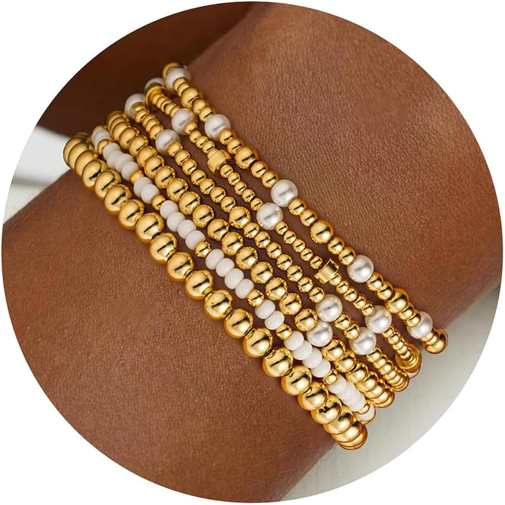 Turandoss Gold Beaded Bracelets for Women Girls Gifts - Dainty 14K Gold Plated Turquoise Cross Be... | Amazon (US)