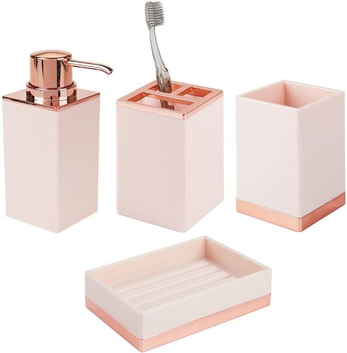 mDesign Square Plastic Bathroom Vanity Countertop Accessory Set - Includes Soap Dispenser Pump, D... | Amazon (US)