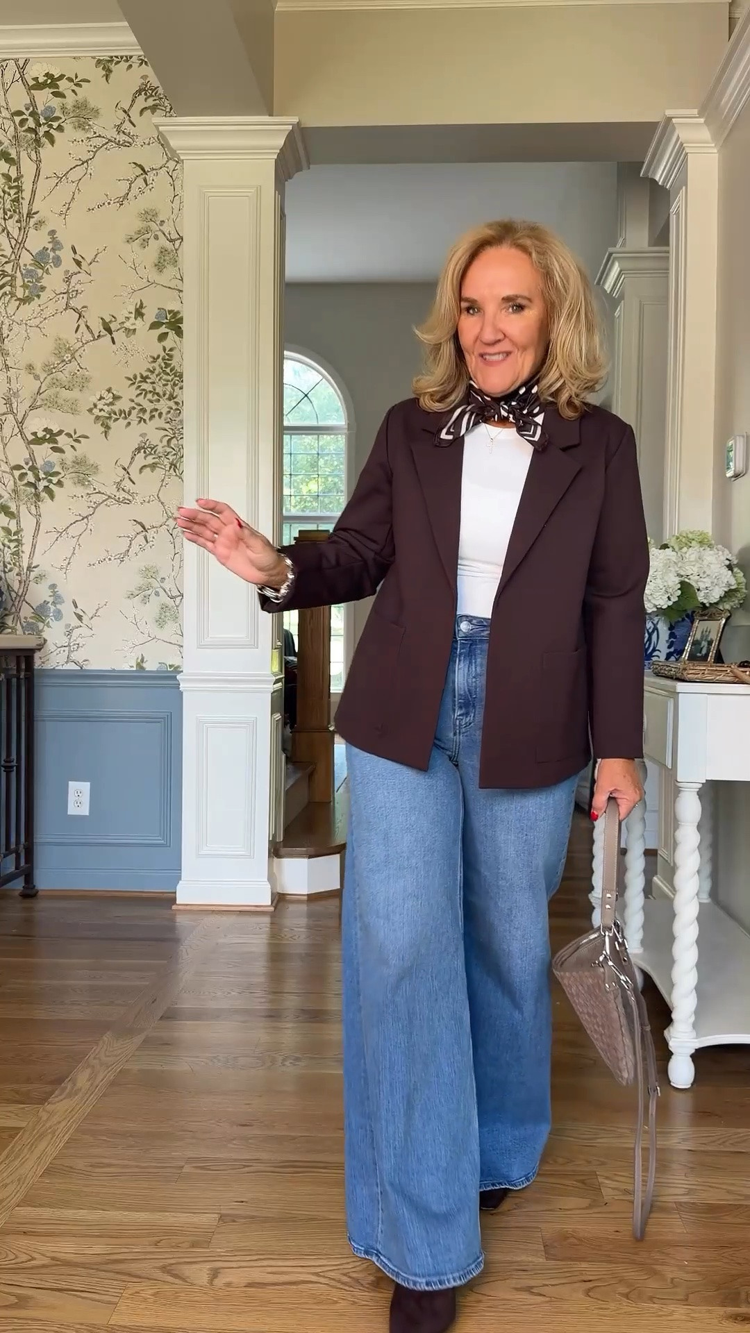 A blazer and jeans will always be a favorite, but that little scarf at the neck makes this one feel a bit more special. I’m wearing a large in the long sleeve white tee and a size 29 in the jeans. My exact brown jacket isn’t available right now, but I’m linking one with a button closure.

#LTKootd #LTKWorkwear #LTKOver40