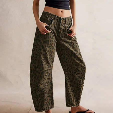 Women s Barrel Jeans With Leopard Print On The Middle Baggy Denim Ankle Pants Retro Casual Jeans | Walmart (US)