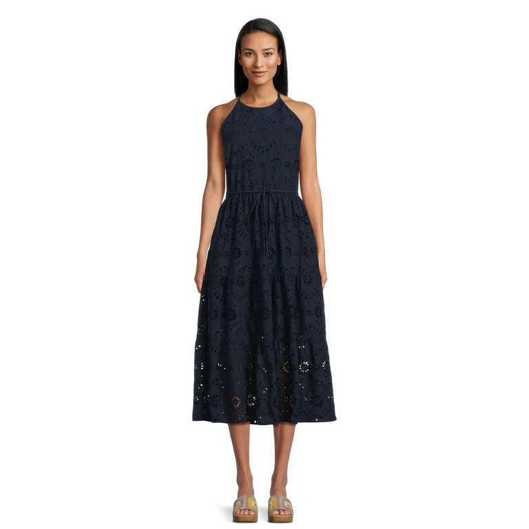 Time and Tru Women's Eyelet Halter Midi Dress with Tiered Skirt, Sizes XS-XXXL | Walmart (US)
