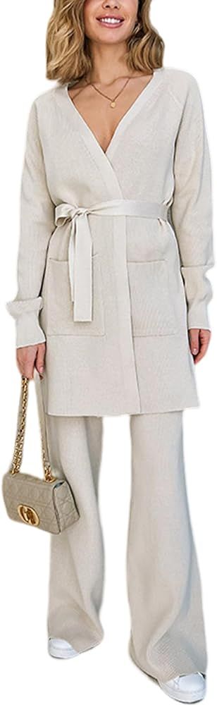Gihuo Womens 2 Piece Knit Outfit V Neck Sweater Set Elastic Waist Knit Pants Cardigan Sweater Kni... | Amazon (US)