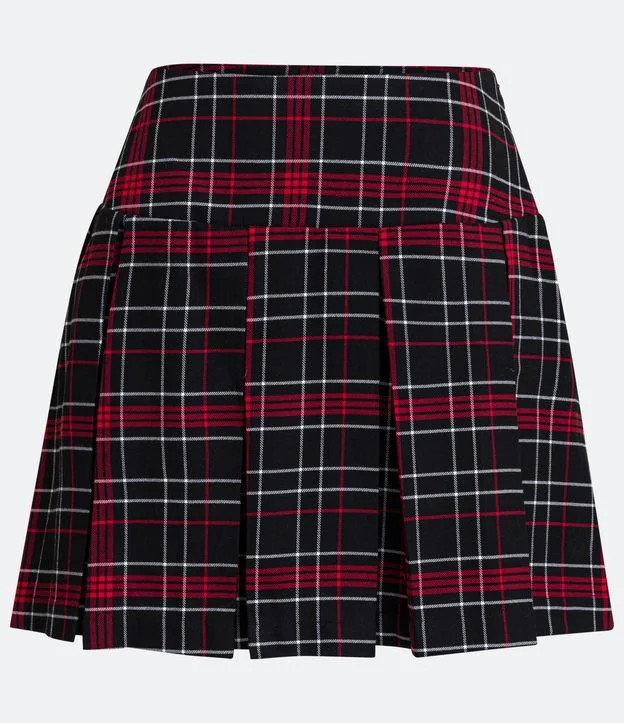 Saia Curta Plissada com Estampa Xadrez Preto | Renner (BR)