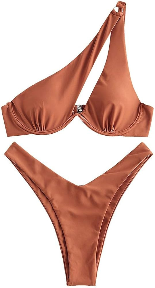 ZAFUL Women's Sexy Cutout One Shoulder Bikini Underwire Padded Bathing Suit Cheeky Thong Brazilia... | Amazon (US)