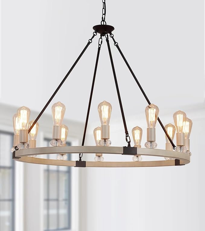 Farmhouse Wagon Wheel Chandelier Light Fixtures,Oak White and Black,12-Lights Metal Large Luxury ... | Amazon (US)
