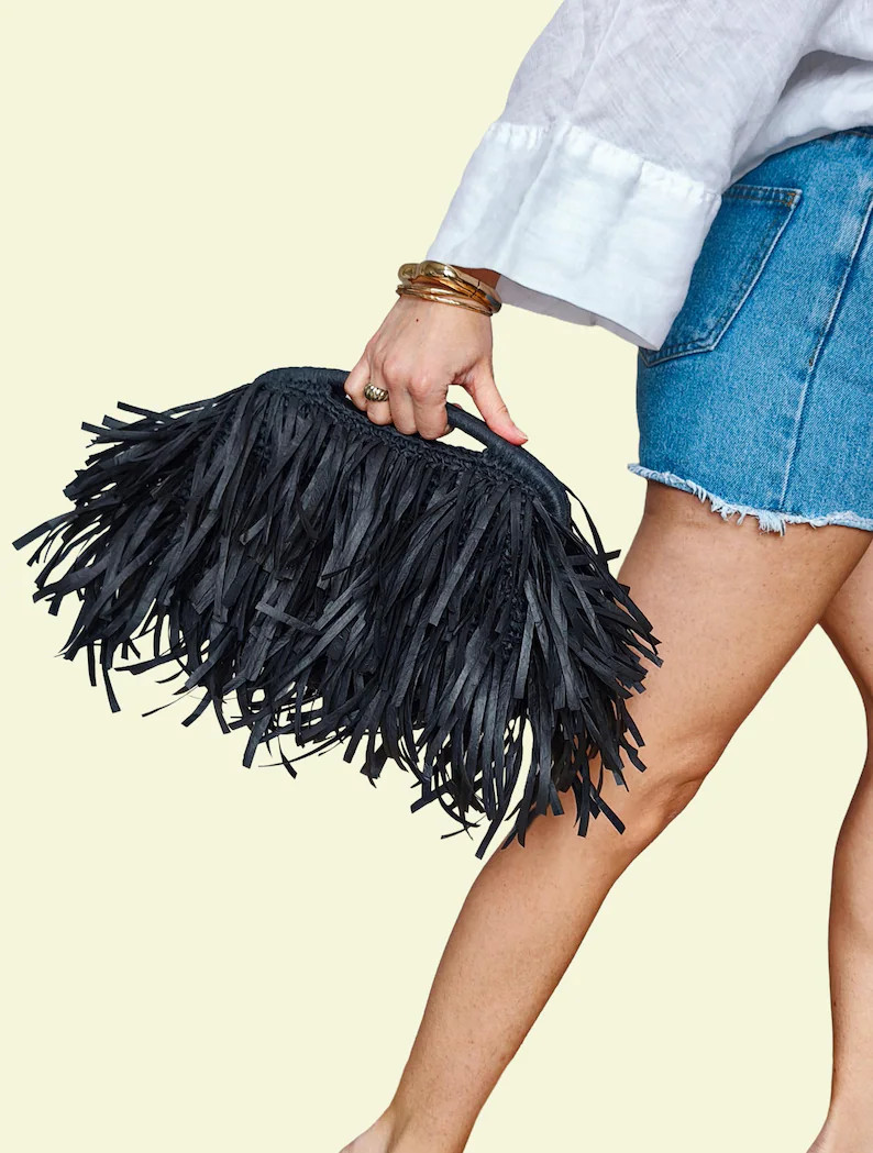Black Raffia Fringe Clutch, Boho Top Handle Purse, Handmade Woven Handbag, Personalized Color Sum... | Etsy (Global)