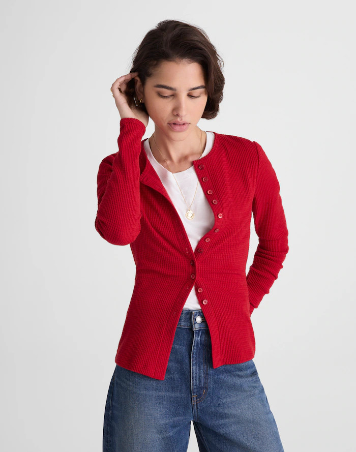 Waffle-Knit Cutaway Crewneck Cardigan | Madewell