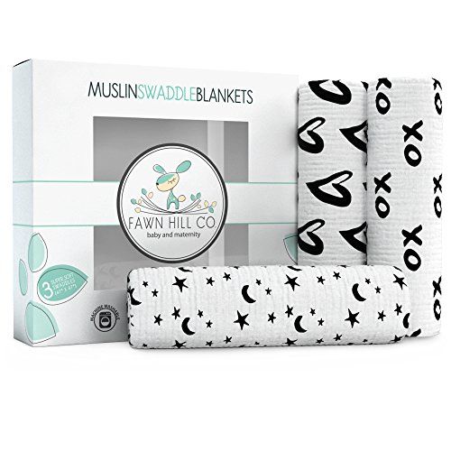 Muslin Cotton Baby Swaddle Blankets 3 Pack 47"x47" by Fawn Hill Co - Unisex Black and White Design f | Amazon (US)
