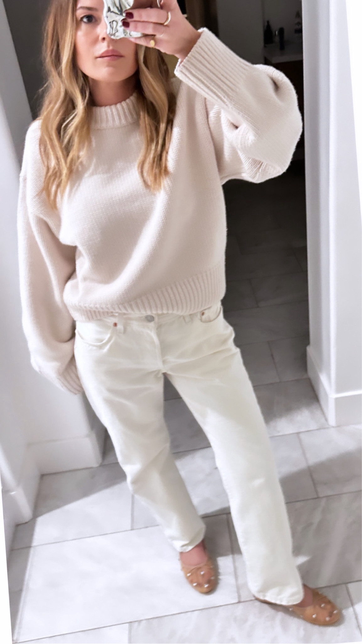 A winter outfit staple on repeat the rest of the month! 

Cozy sweater | white jeans | sparkly flats | ballet flats | nude flats | all white | Levi’s | H&M 

#LTKstyletip #LTKHoliday #LTKSeasonal