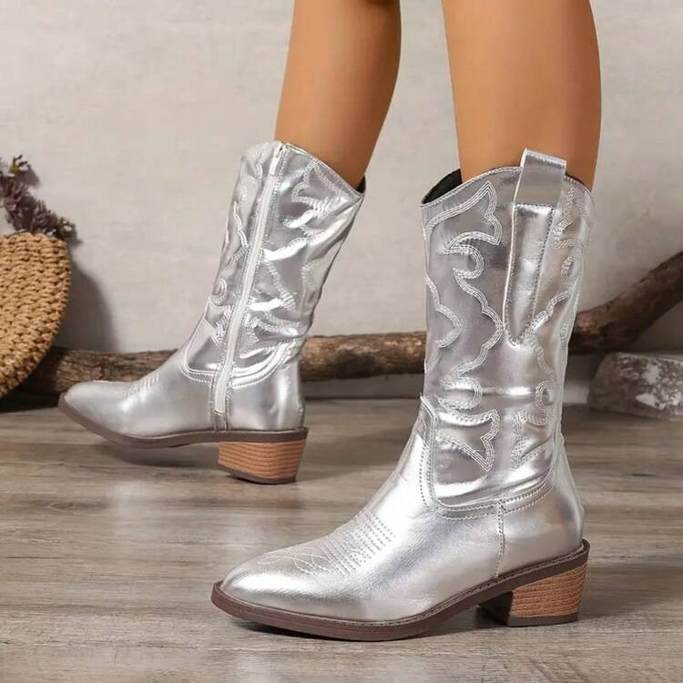 Women's Vintage Embroidered Cowboy Boots - Mid Calf Winter Western Boots With Pointed Toe & Heel | Warm Lined, Festive Style | Fashion Casual Country Boots,Silvery/Gold,US Size:6.5-10.5 | SHEIN