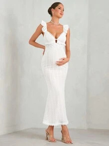 MaterniChic Maternity White Crochet Textured Off-Shoulder Dress With Hollow Back And Elegant Hem,... | SHEIN