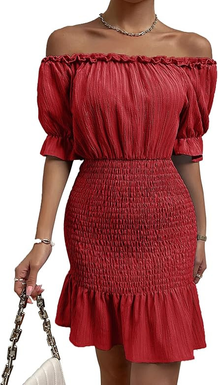 Lephissa 2023 Women's Wedding Guest Party Off Shoulder Dresses/Sleeveless Ruched Dress Puff Sleev... | Amazon (US)