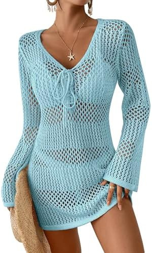 Bsubseach Women Swimsuit Crochet Coverup Long Sleeve V Neck Beach Knit Bathing Suits Cover Ups Me... | Amazon (US)
