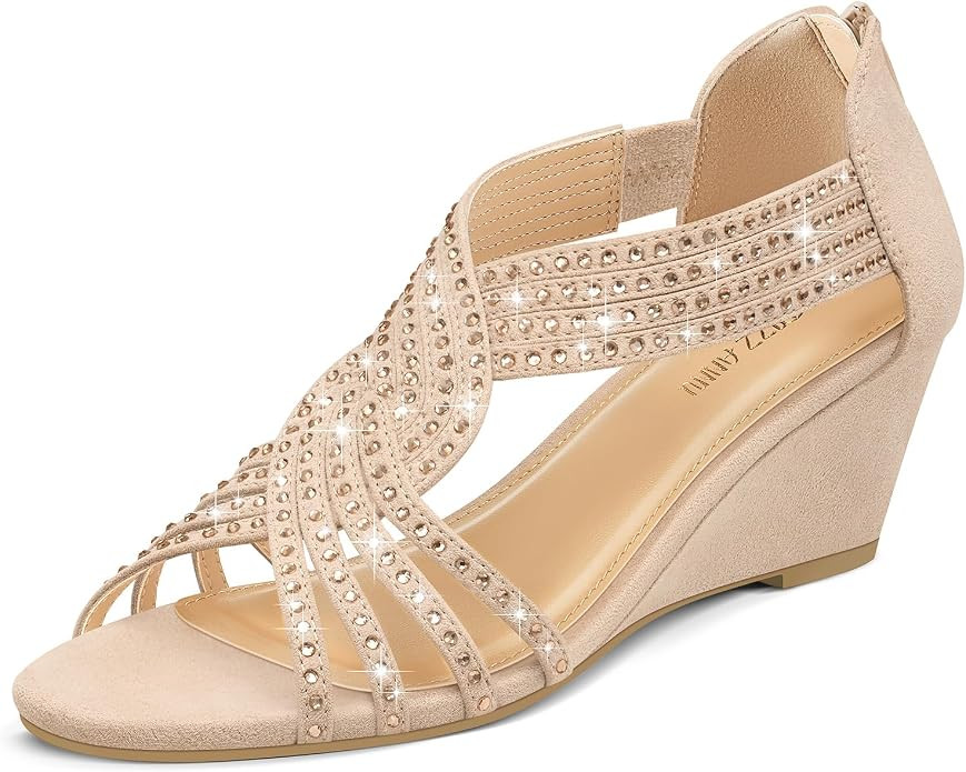 PIZZ ANNU Women's Diana Low Wedge Sandals Sparkly Rhinestone Open Toe Fashion Dress Shoes for Wom... | Amazon (US)