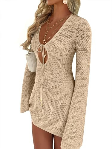 ANRABESS Swimsuit Cover Up for Women Crochet Bathing Suit 2026 Summer Swimwear V Neck Mesh Knit Dress Beach Vacation Clothes Medium Beige | Amazon (US)