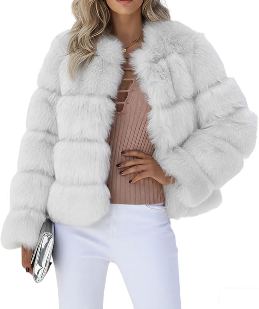 loveimgs Women Warm Fluffy Cropped Puffer Jacket Faux Fur Coat Crop Parka Collarless Winter Teddy... | Amazon (US)