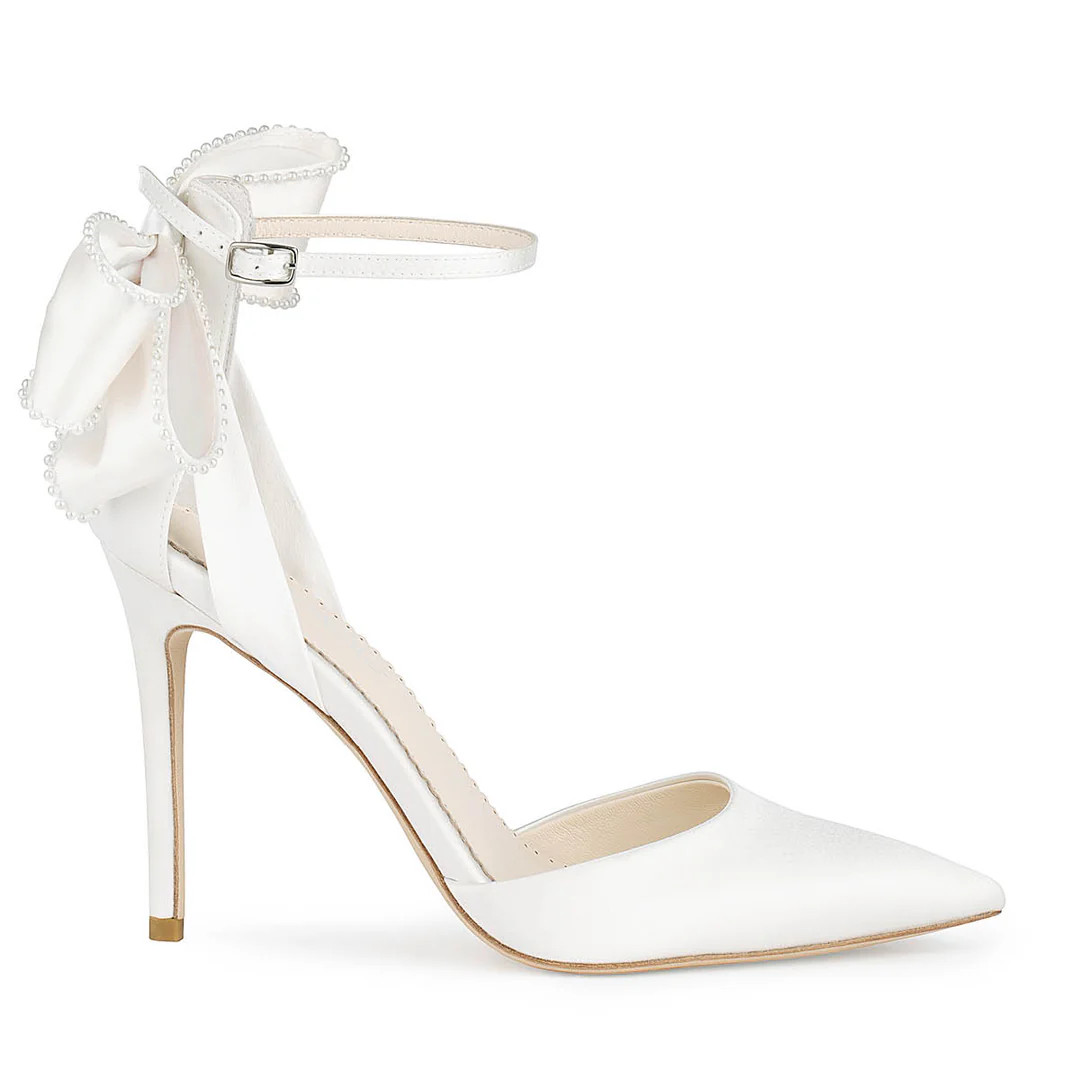 Ivory Ankle Strap Pearl Bow Heels | Bella Belle Shoes