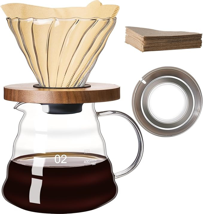 Pour Over Coffee Maker Set 20 OZ, Borosilicate Glass Coffee Server with 50 pcs V60 Paper Filter, ... | Amazon (US)