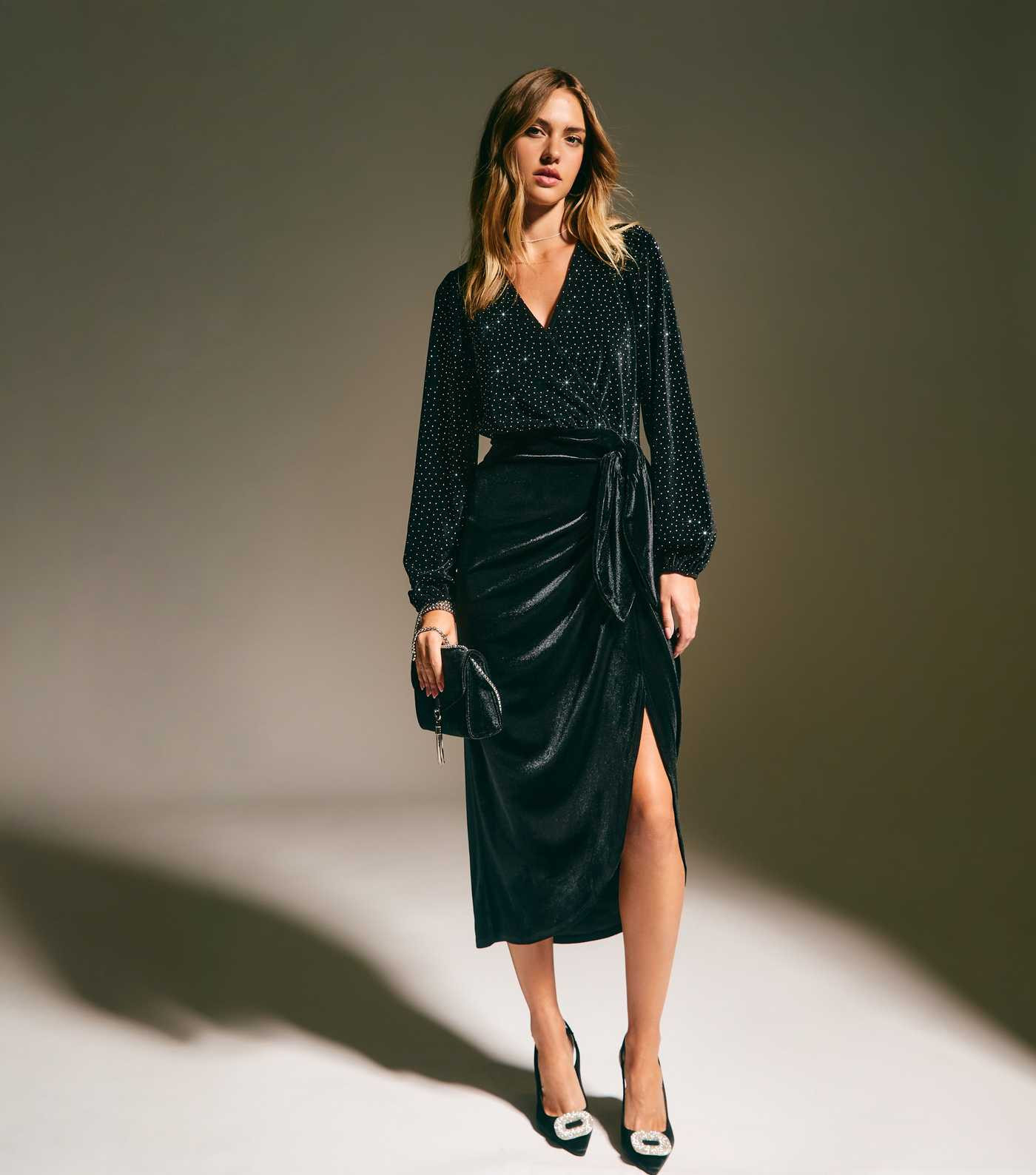 Black Velvet Diamante Embellished Long Sleeve Wrap Midi Dress | New Look | New Look (UK)